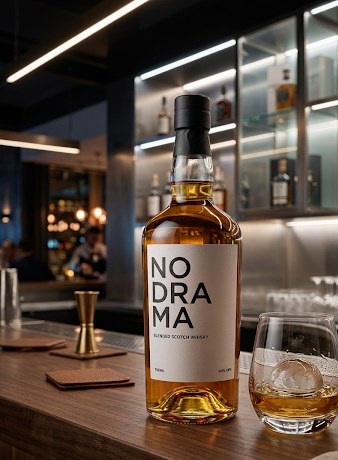 No Drama on a bar with a glass over ice